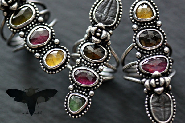 Rose cut Tourmaline and Trilobite fossil ring. sterling silver succulent.